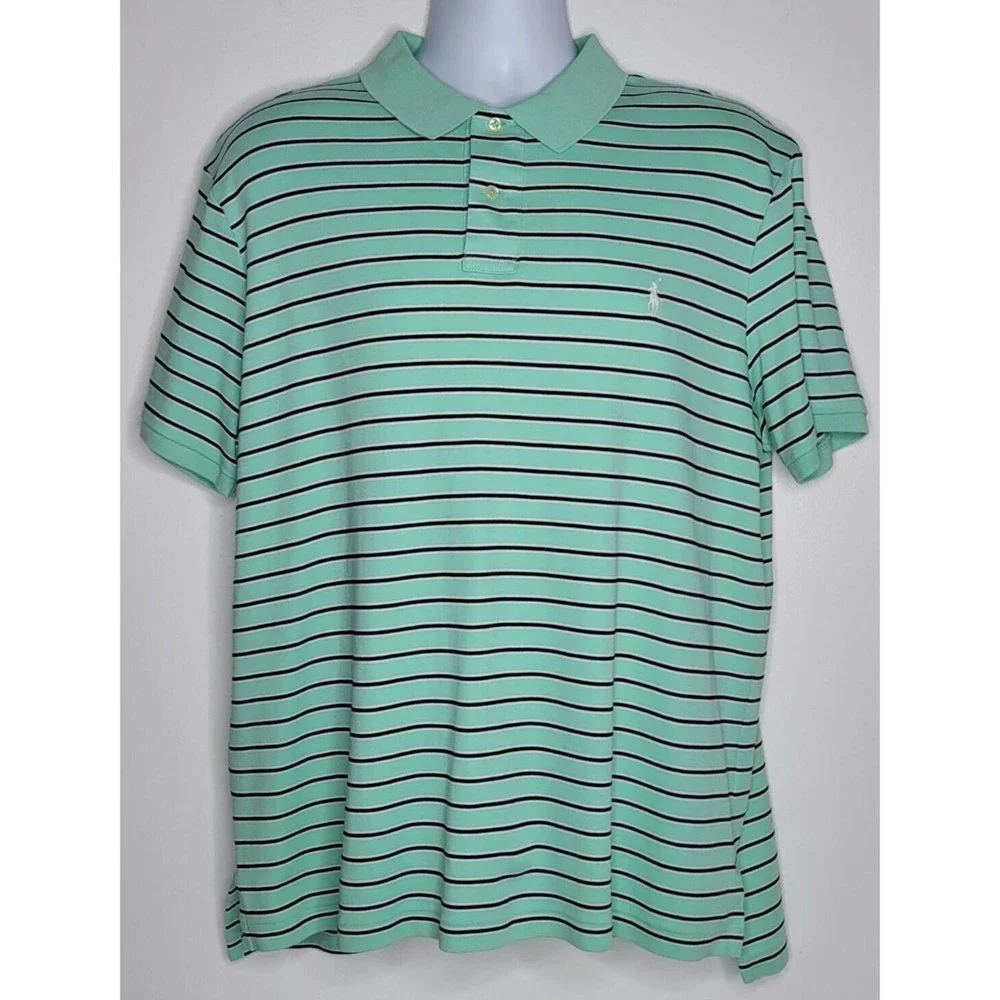 Ralph‎ Lauren Polo Golf Shirt Mens Size XXL 2XL Blue Green Striped Short Sleeve